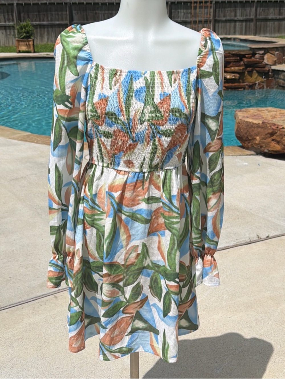 Floral Smocked Babydoll Mini Dress in Green, Blue & Tan small
